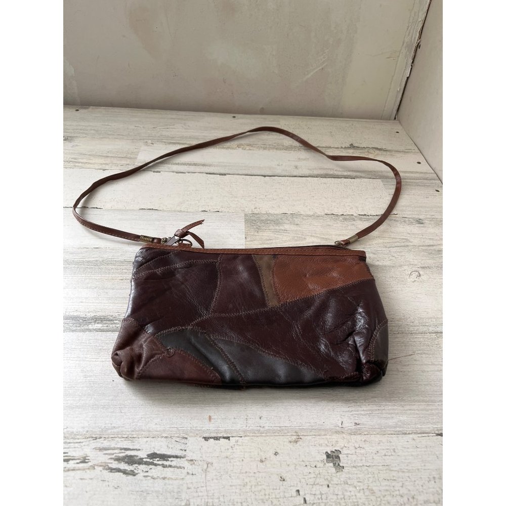 Multi colored brown leather zippered bag with detachable strap